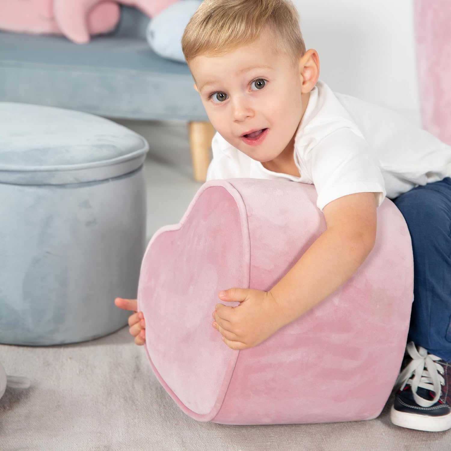 roba Children's Bean Bag Heart Lil Sofa - Velvet Covered - with Storage - Multifunction - Children's Furniture - for The Nursery - from 18 Months - Pink