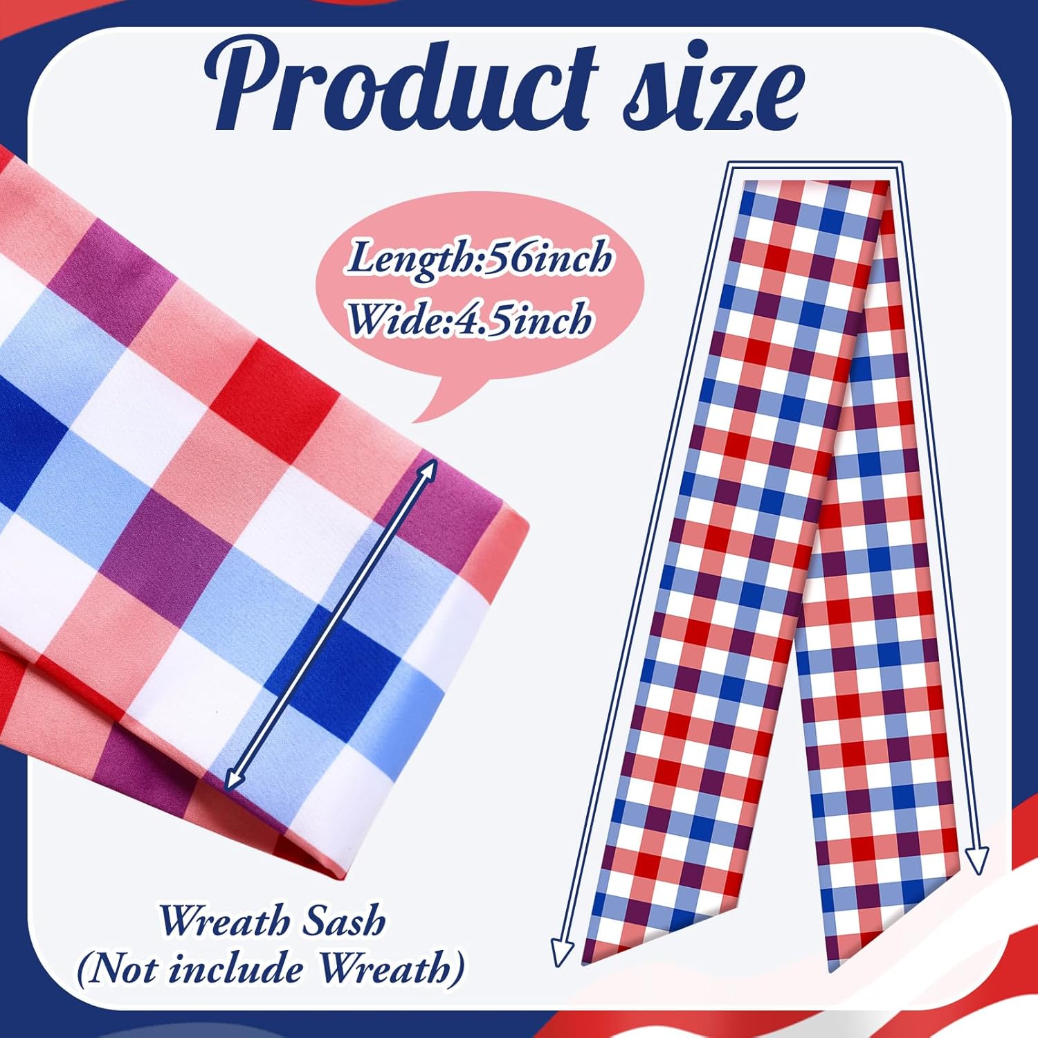 VitalCozy 4th of July Check Wreath Sash for Front Door Wreath Satin Sash Red Blue White Patriotic Embroidery Monogram Garland Ribbon Accessories 250th Anniversary Independence Day Party Indoor Outdoor