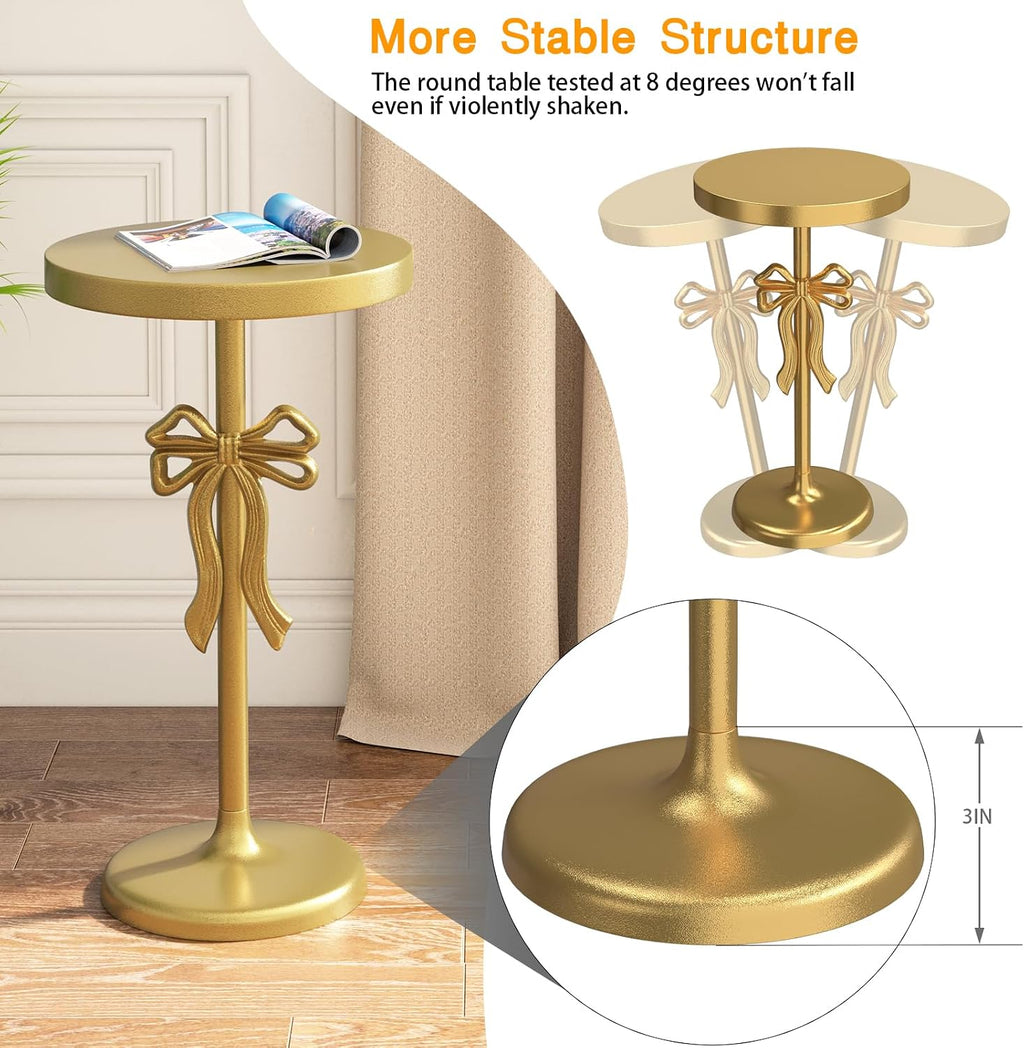 Gold Drink Table, Metal Martini Side Table - 11.9" x21.7'', Gold Small Accent Table with Bow Decoration, Pedestal End Table for Small Spaces
