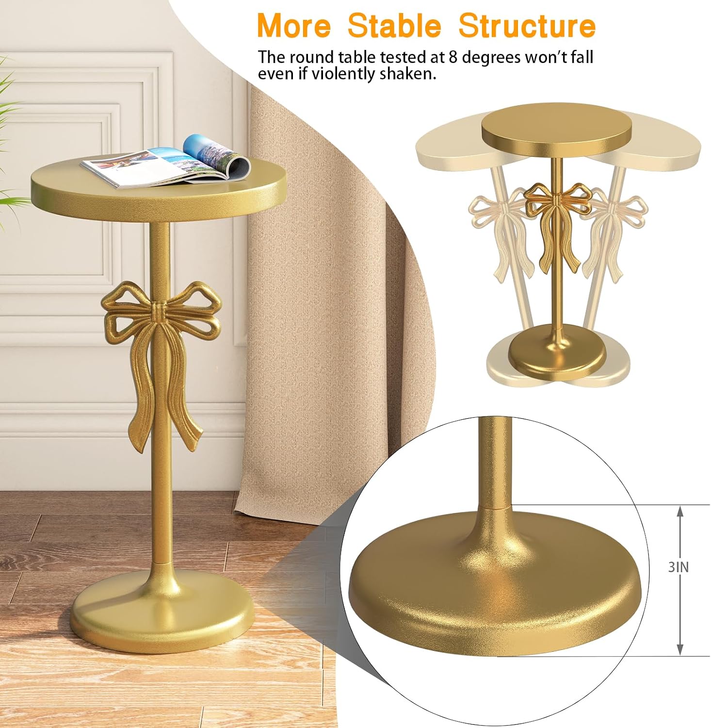 Gold Drink Table, Metal Martini Side Table - 11.9" x21.7'', Gold Small Accent Table with Bow Decoration, Pedestal End Table for Small Spaces