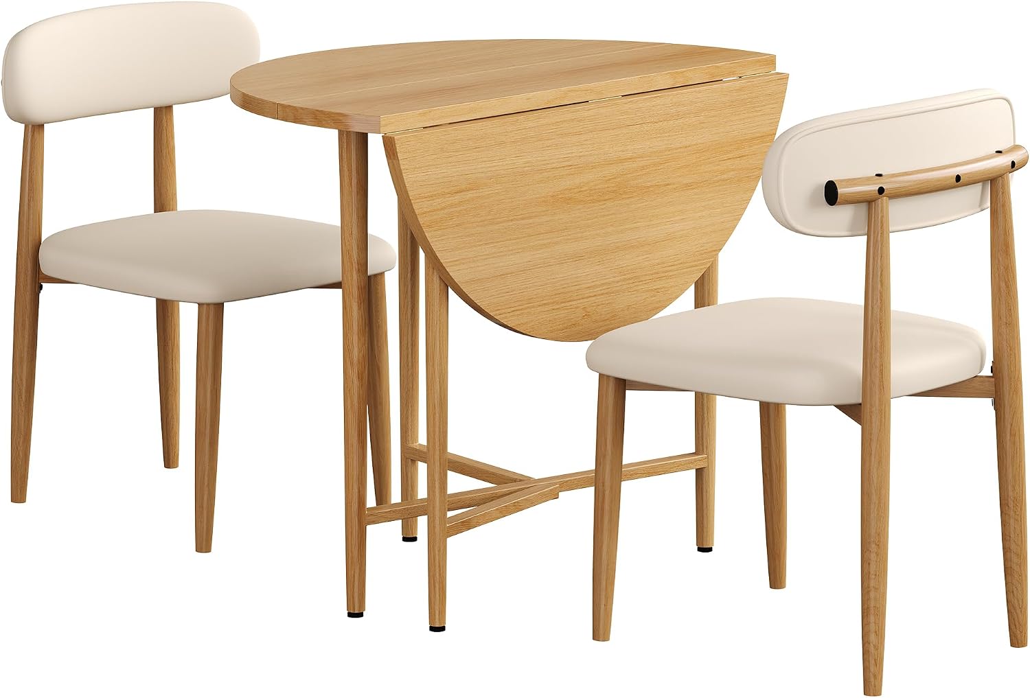 IRONCK 36" Round Dining Table and Chairs Set for 2, Natural Wood | Drop Leaf, 2 Upholstered Chairs, Space Saving, Extendable Kitchen Table