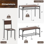 Giantex Dining Table Set for 4, Kitchen Table with Chairs & Bench, Storage Racks, Metal Frame, 4-Piece Space-Saving Dinette Set for Dining Room, Breakfast Nook, Small Space, Apartment, Walnut