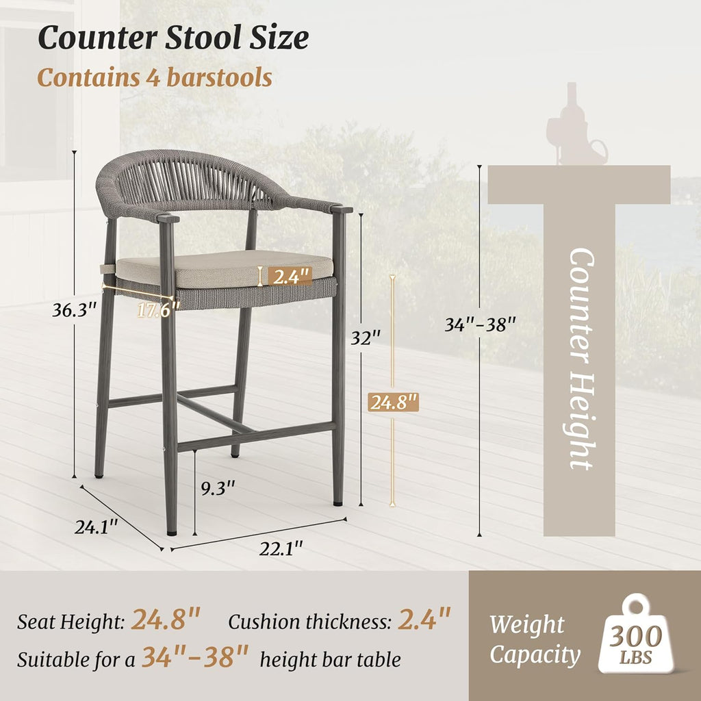 Cozyman Bar Stools Set of 4, 24.8'' Aluminum Outdoor Bar Stool with Removable Cushion, Boho Rattan BarStools, Olefin Rope Woven Bar Chairs with Footrest for Patio, Garden, Pool, Kitchen, Gray