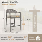 Cozyman Bar Stools Set of 4, 24.8'' Aluminum Outdoor Bar Stool with Removable Cushion, Boho Rattan BarStools, Olefin Rope Woven Bar Chairs with Footrest for Patio, Garden, Pool, Kitchen, Gray
