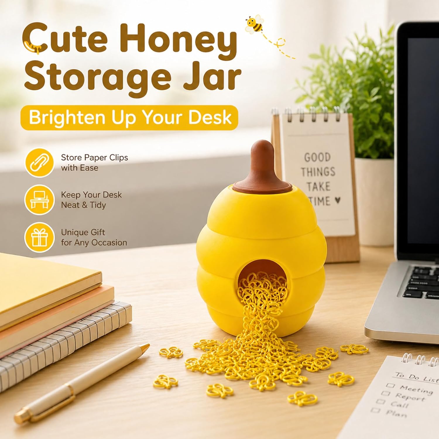 Cute Bee Paper Clips with Honey Jar Holder（50PCS）, Aesthetic Desk Decor, Paper Clip Holder Organizer, Novelty Office Supplies for Women, School Desk Accessories, Gift Idea
