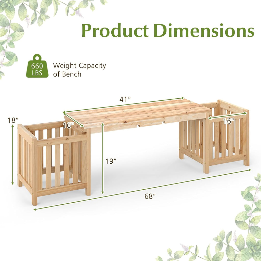 HAPPYGRILL Patio Wooden Bench with Planter, 2 Person Patio Bench with/ 2 Side Flower Box, Slot Design for Easy Assembly, Natural Fir Wood Frame, Outdoor Garden Bench Seat for Patio, Garden, Backyard
