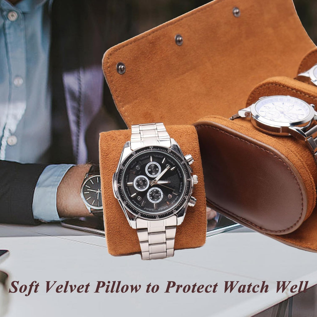 Watch Travel Case, Luxury Leather Watch Roll 3 Slot Organizer Box for Man and Woman, Jewelry Storage Case Gifts for Husband, Dad Birthday Christmas Anniversary (Dark Brown-3slot)
