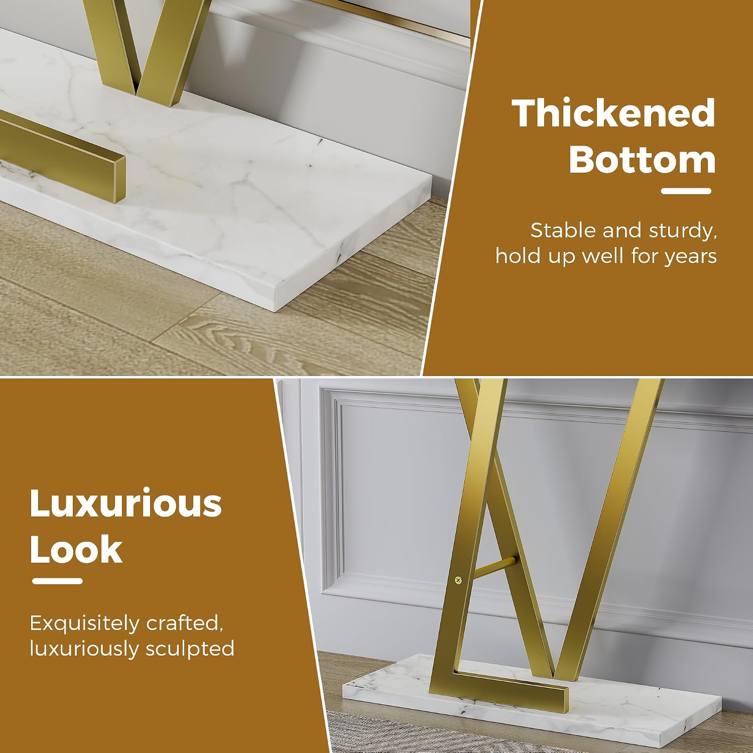 43.3" Gold Console Table, Modern Entryway Table with White Faux Marble Top & Metal Base, Narrow Sofa Table for Living Room, Hallway, Foyer