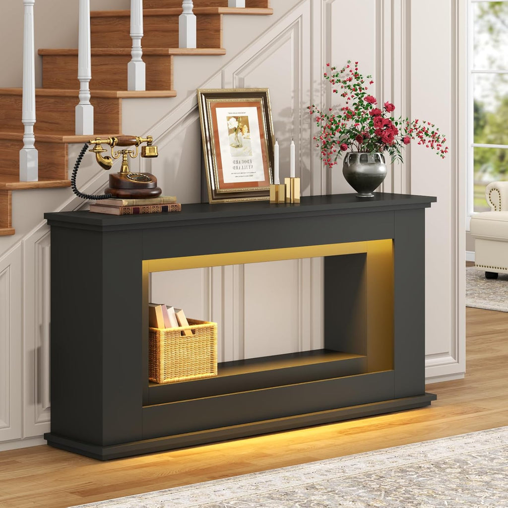 Loomie 63” Long Console Tables for Entryway, Narrow Long Entry Table with LED Lights, 2-Tier Sofa Table Behind Couch, Modern Hallway Accent Table for Living Room, Entrance (Black)