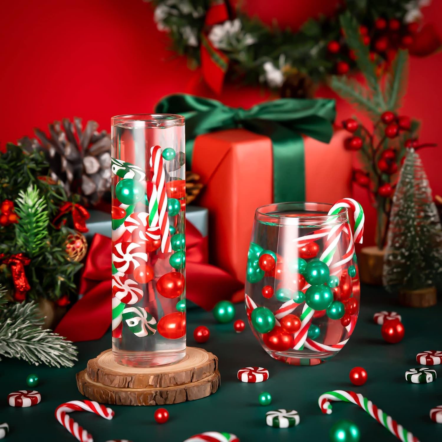 120 Pcs Christmas Vase Filler, Floating Green Red Fake Candy Cane Beads Pearls for Vases for Table Decorations Centerpieces