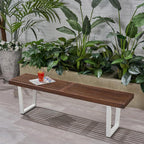 Modern Acacia Wood Dining Bench with Black Iron Legs, Contemporary Outdoor Patio Seat for Garden, Deck or Kitchen (Brown White + Acacia Wood)
