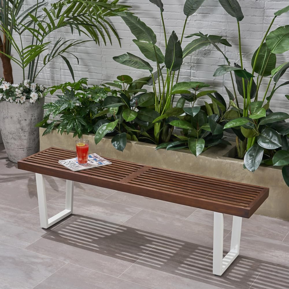 Modern Acacia Wood Dining Bench with Black Iron Legs, Contemporary Outdoor Patio Seat for Garden, Deck or Kitchen (Brown White + Acacia Wood)