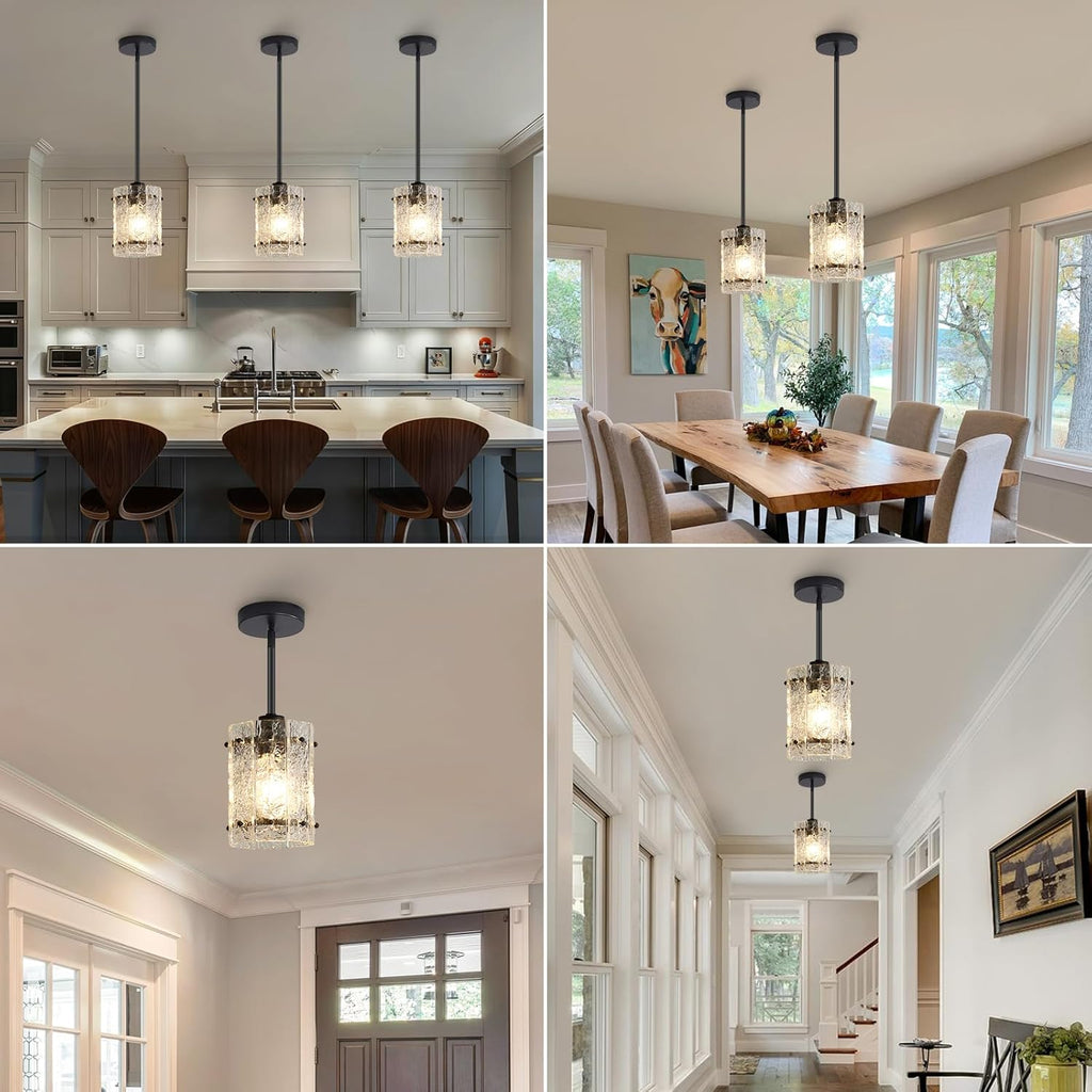 Black Glass Pendant Lights Kitchen Island, Water Ripple Round Pendant Lights Adjustable Modern Hanging Pendant Light Fixtures for Kitchen Island Dining Room Above Sink Foyer Entryway 1 Pack