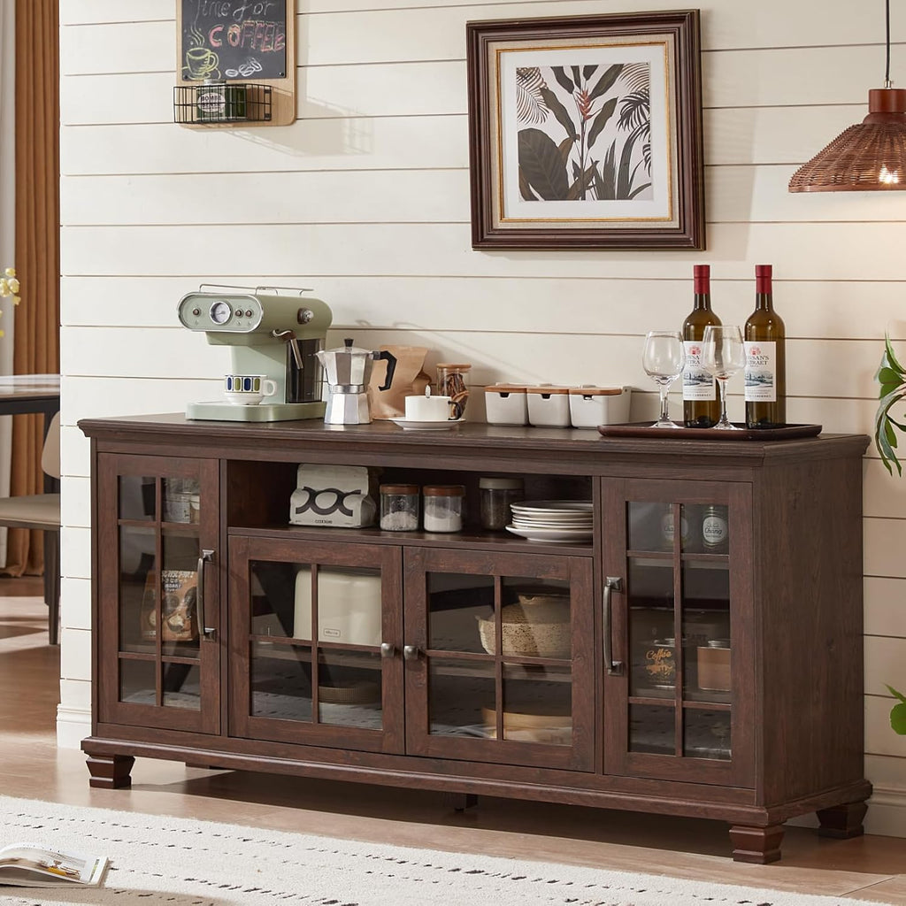 SAVOR LIFE Large Sideboard Buffet Cabinet with Storage,Vintage Walnut Farmhouse 60" Wide Sideboard Cabinets with Glass Doors & Wood Legs,Kitchen Coffee Bar Credenza for Dining Room, Living Room