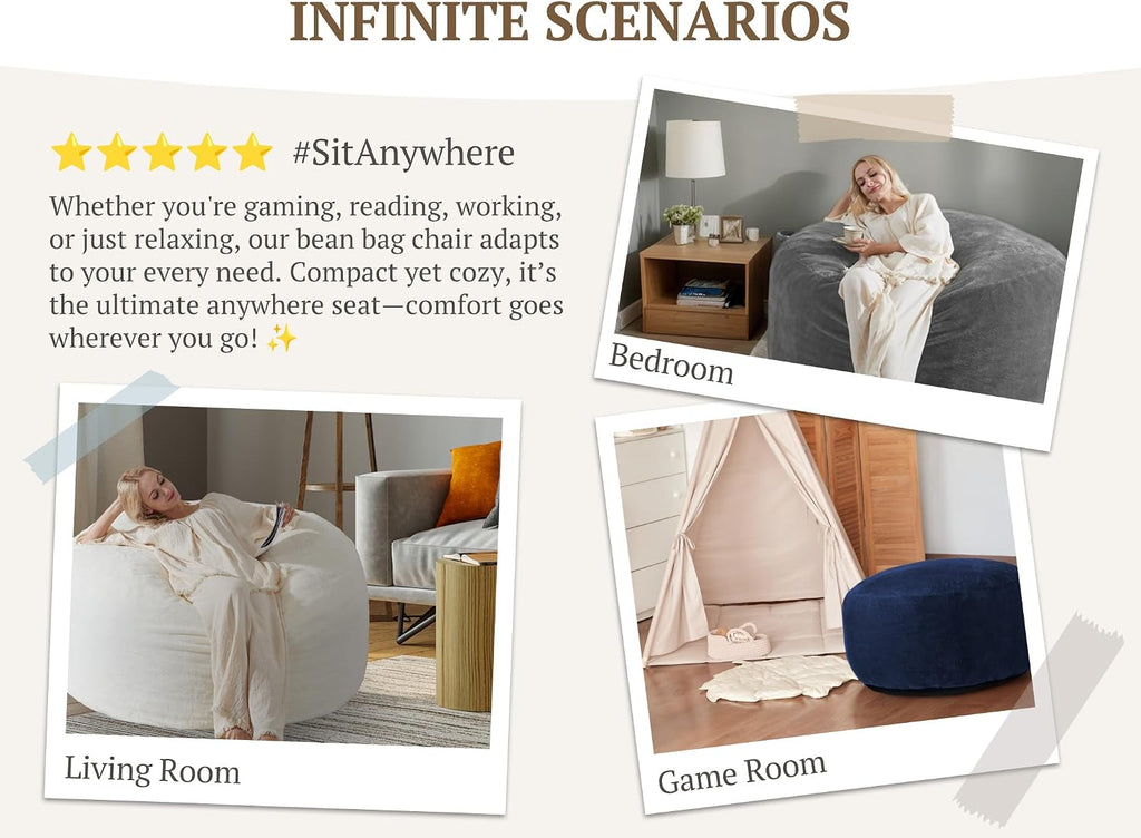 WSOFRLAC 3FT Bean Bag Chair, Comfy Bean Bag Chairs for Adults, Luxury Velvet Memory Foam Stuffed Beans Bags with Removable Cover, Adult Beanbag Chair with Filler for Living Room, Bedroom, Cream White