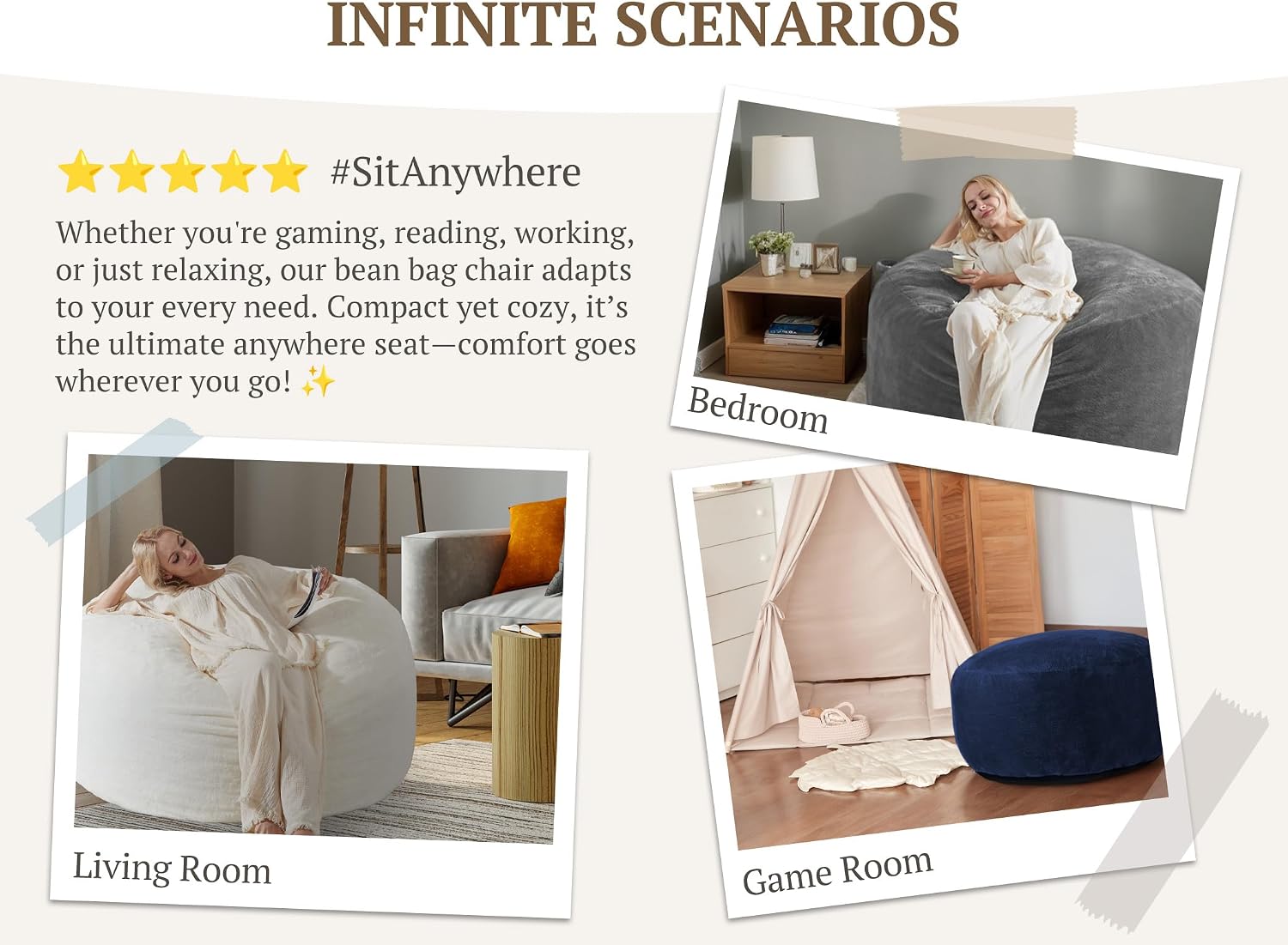 WSOFRLAC 3FT Bean Bag Chair, Comfy Bean Bag Chairs for Adults, Luxury Velvet Memory Foam Stuffed Beans Bags with Removable Cover, Adult Beanbag Chair with Filler for Living Room, Bedroom, Cream White