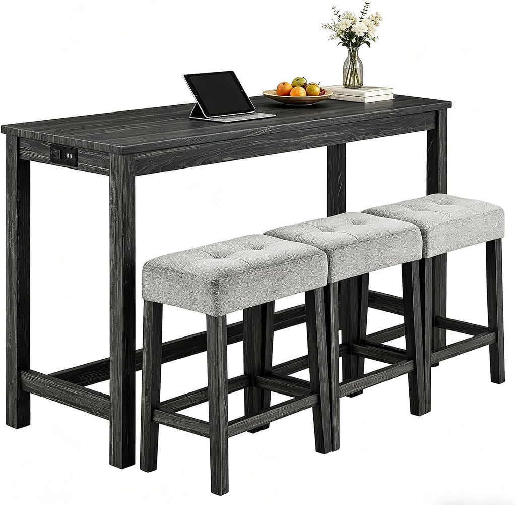 4-Piece Bar Height Table and Chairs with Power Outlet, 59" Counter Height Dining Table Set for 3, High Pub Tables with 3 Linen Upholstered Stools for Kitchen Bar Dining Room (Black RectTable+3Chair)