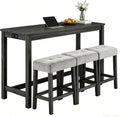 4-Piece Bar Height Table and Chairs with Power Outlet, 59" Counter Height Dining Table Set for 3, High Pub Tables with 3 Linen Upholstered Stools for Kitchen Bar Dining Room (Black RectTable+3Chair)