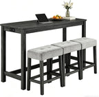 4-Piece Bar Height Table and Chairs with Power Outlet, 59" Counter Height Dining Table Set for 3, High Pub Tables with 3 Linen Upholstered Stools for Kitchen Bar Dining Room (Black RectTable+3Chair)