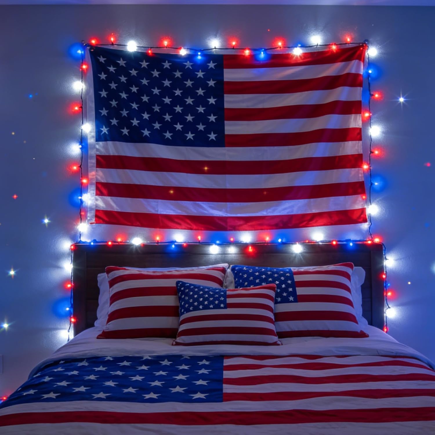 300 LED Patriotic String Lights, Red White & Blue, Clear Wire, Multi-Function, 30V, for Independence Day & Patriotic Decor