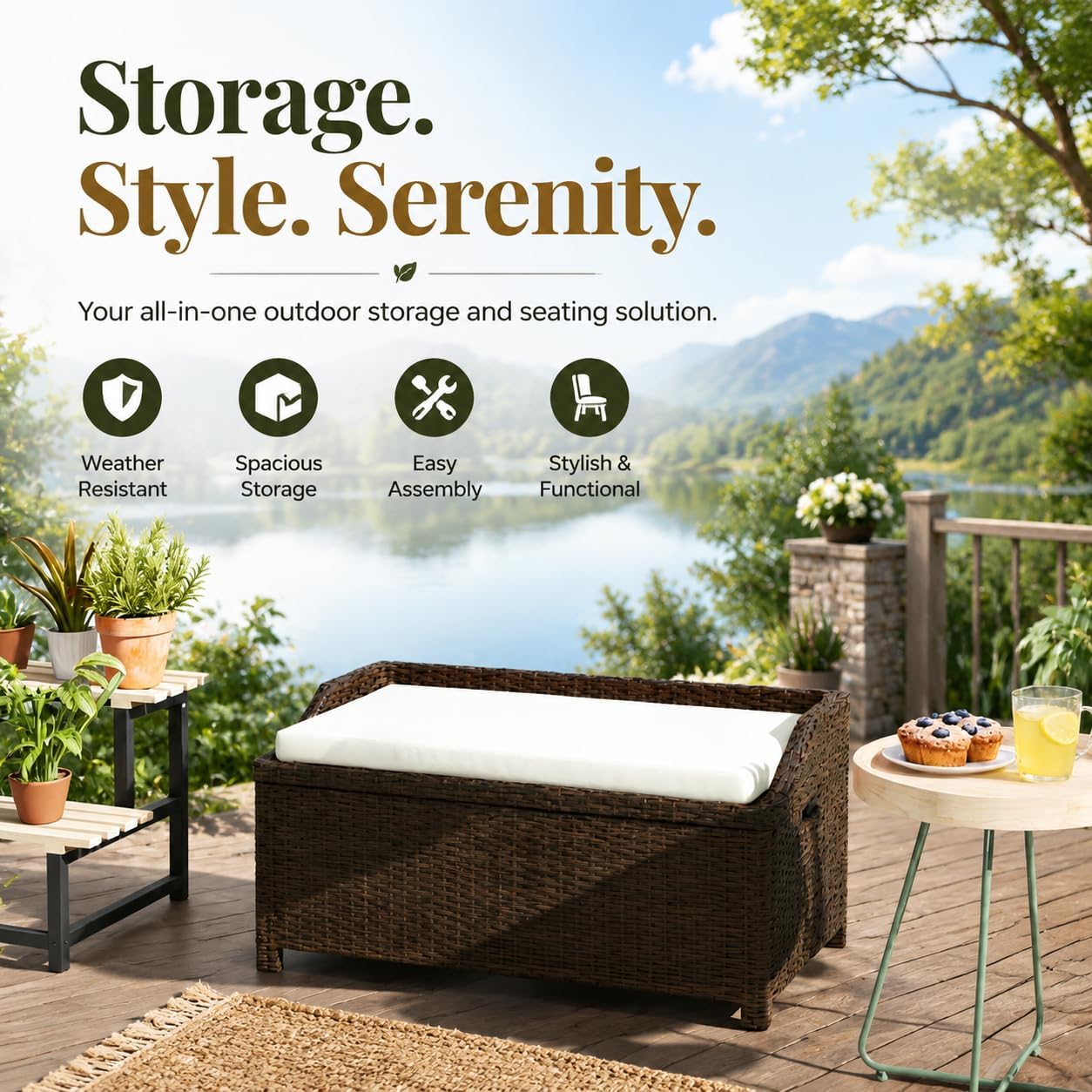 Outdoor Storage Box, Wicker Patio Bench with Cushion, All-Weather Garden Furniture, Large Capacity for Deck, Yard, or Porch, Ideal for Home Organization and Relaxation