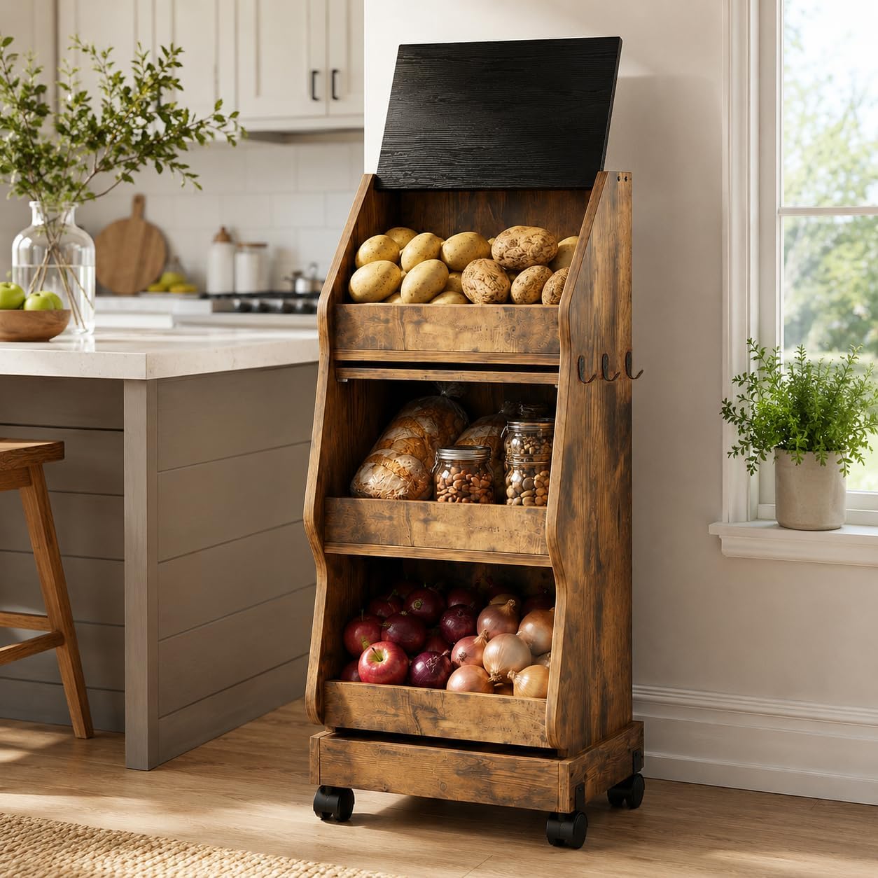 Rustic Farmhouse Pantry Cabinet with Wheels, Wooden Kitchen Storage Organizer for Potatoes, Onions and Bread, Rolling Produce Storage Cabinet for Fruits, Vegetables and Snacks