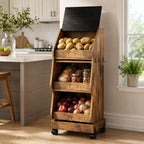 Rustic Farmhouse Pantry Cabinet with Wheels, Wooden Kitchen Storage Organizer for Potatoes, Onions and Bread, Rolling Produce Storage Cabinet for Fruits, Vegetables and Snacks