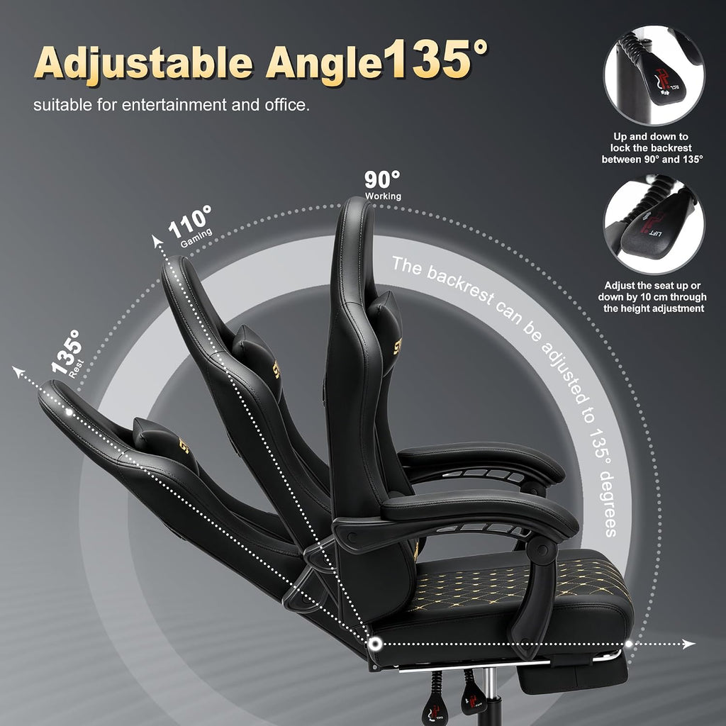 Symino Gaming Chair with Footrest, Linkage Armrests & 10cm Thick Seat, PU Leather Ergonomic Computer Chair, 150° Recline Office Chair, Black