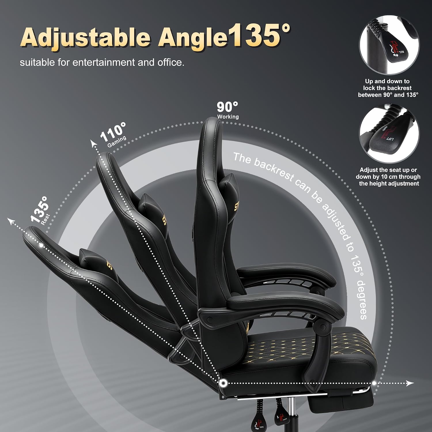 Symino Gaming Chair with Footrest, Linkage Armrests & 10cm Thick Seat, PU Leather Ergonomic Computer Chair, 150° Recline Office Chair, Black