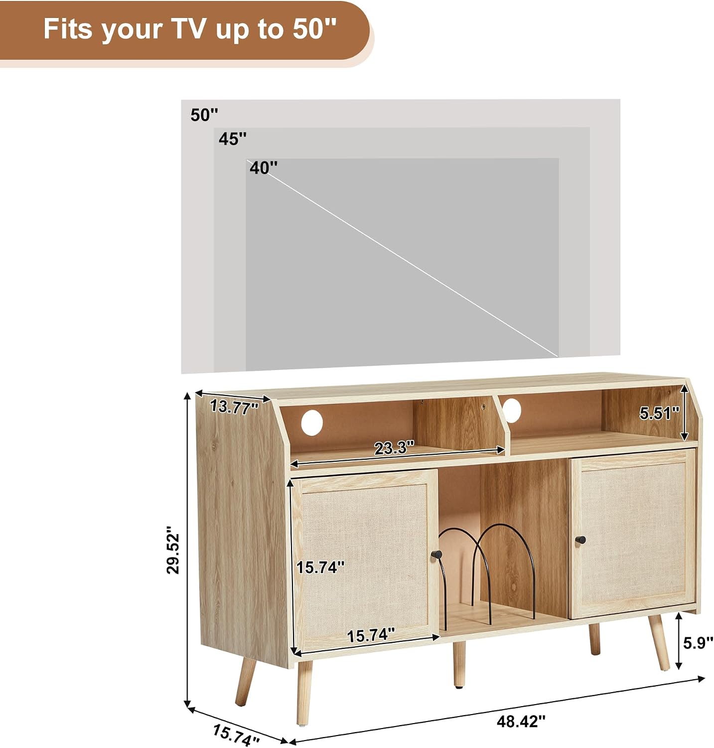 RARZOE Large Record Player Stand, Mid Century Turntable Stand Table Holds Up to 400 Albums, Vinyl Record Storage Cabinet with Sliding Doors for Living Room Office, Natural