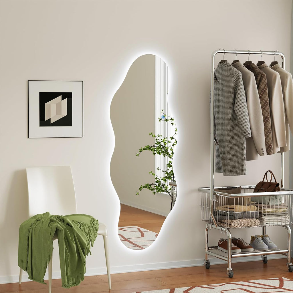 QDSSDECO LED Full Length Mirror 63"x24" Irregular Wall Mirror Wave Frameless for Living Room Bathroom Bedroom Entryway Decor