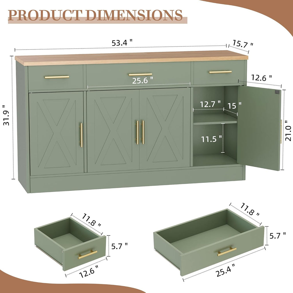 Shintenchi Buffet Cabinet with Storage,53.4" Large Kitchen Storage Cabinet with 3 Drawers and 4 Doors,Wood Farmhouse Buffet Sideboard with Adjustable Shelf for Kitchen Living Room, Green
