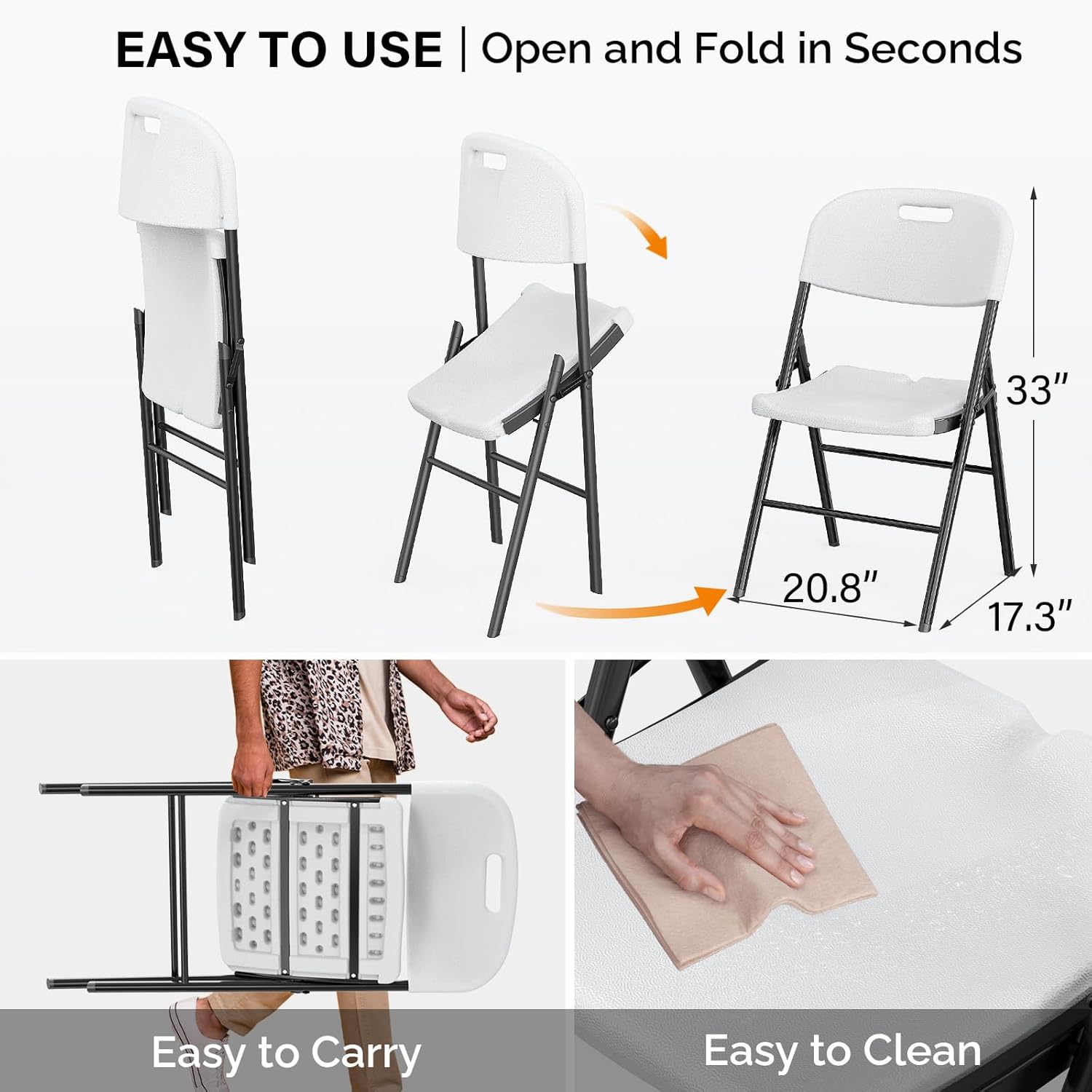 VINGLI Folding Chairs, Heavy Duty Foldable Chair Portable HDPE Plastic Seat with Steel Frame for Indoor Outdoor Dinning Party Wedding School Use, White, 4 Pack