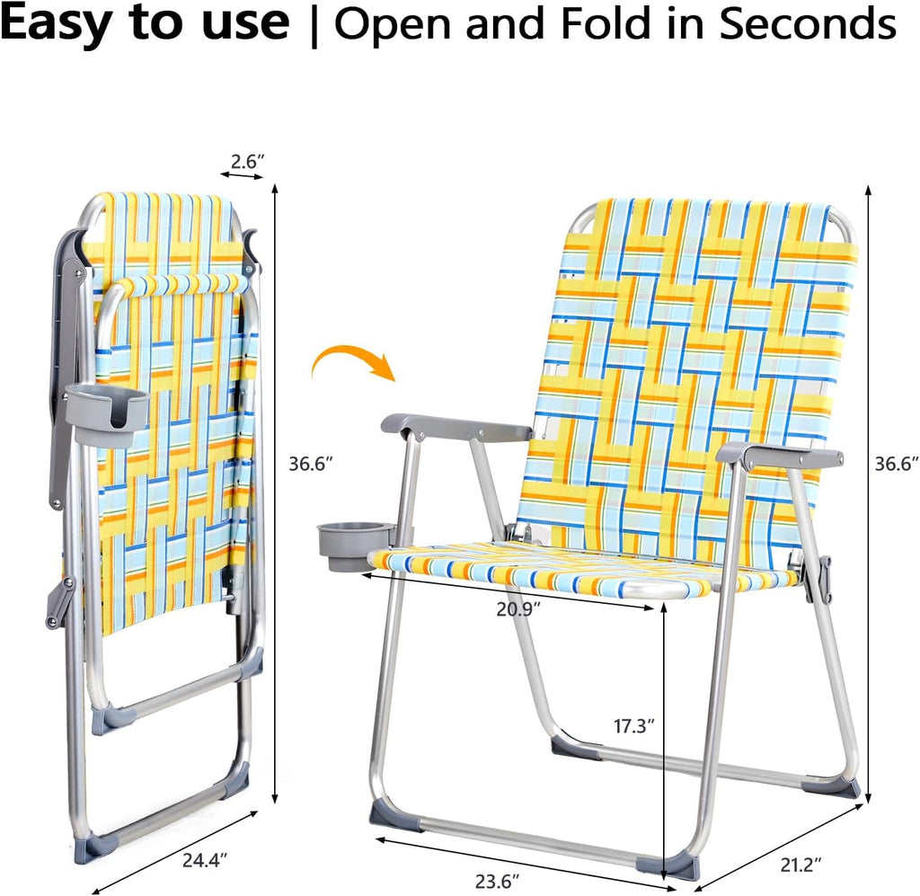 VINGLI Aluminum Oversize Patio Lawn Chairs Folding Set of 2 with Detachable Cup Holder, Webbed Beach Chair Folding Chair Outdoor Portable Camping Chair for Yard, Garden
