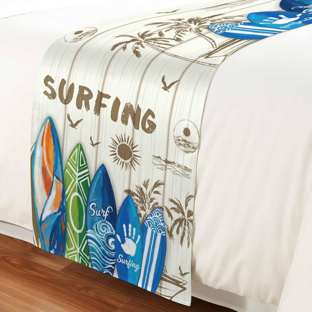Summer Surfing Bed Runner for King Size Bed, 102"x20" Surfboard Beach Palm Trees Wood Grain Retro Luxury Bed Runners & Scarves Decorative Bedding Scarf Protector Slipcover for Home Hotel