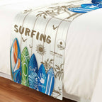 Summer Surfing Bed Runner for King Size Bed, 102"x20" Surfboard Beach Palm Trees Wood Grain Retro Luxury Bed Runners & Scarves Decorative Bedding Scarf Protector Slipcover for Home Hotel