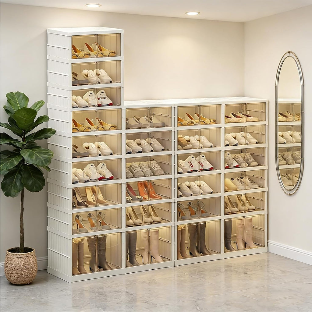 3Tier Foldable Shoe Rack Organizer for Closet,6Pairs Collapsible Plastic Shoe Shelf,Large Shoes Cabinet with Door,Clear Stackable Storage Box Easy Assembly,for Living Room(3Tier6Pairs Cream White)