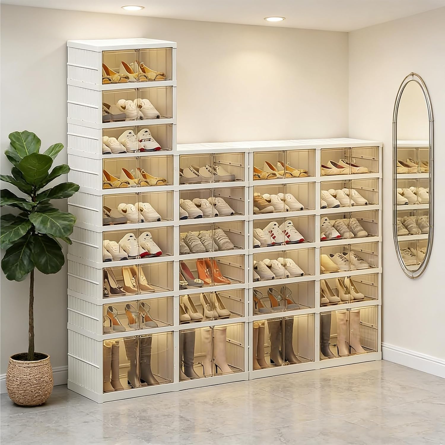 3Tier Foldable Shoe Rack Organizer for Closet,6Pairs Collapsible Plastic Shoe Shelf,Large Shoes Cabinet with Door,Clear Stackable Storage Box Easy Assembly,for Living Room(3Tier6Pairs Cream White)