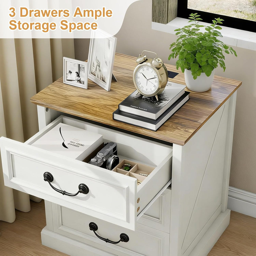 MUUEGM Night Stand with Charging Station Set of 2 Rustic White Bedside End Tables with 3 Large Storage Drawers & Vintage Handles Dresser Chest of Drawers for Bedroom, Living Room, Closet