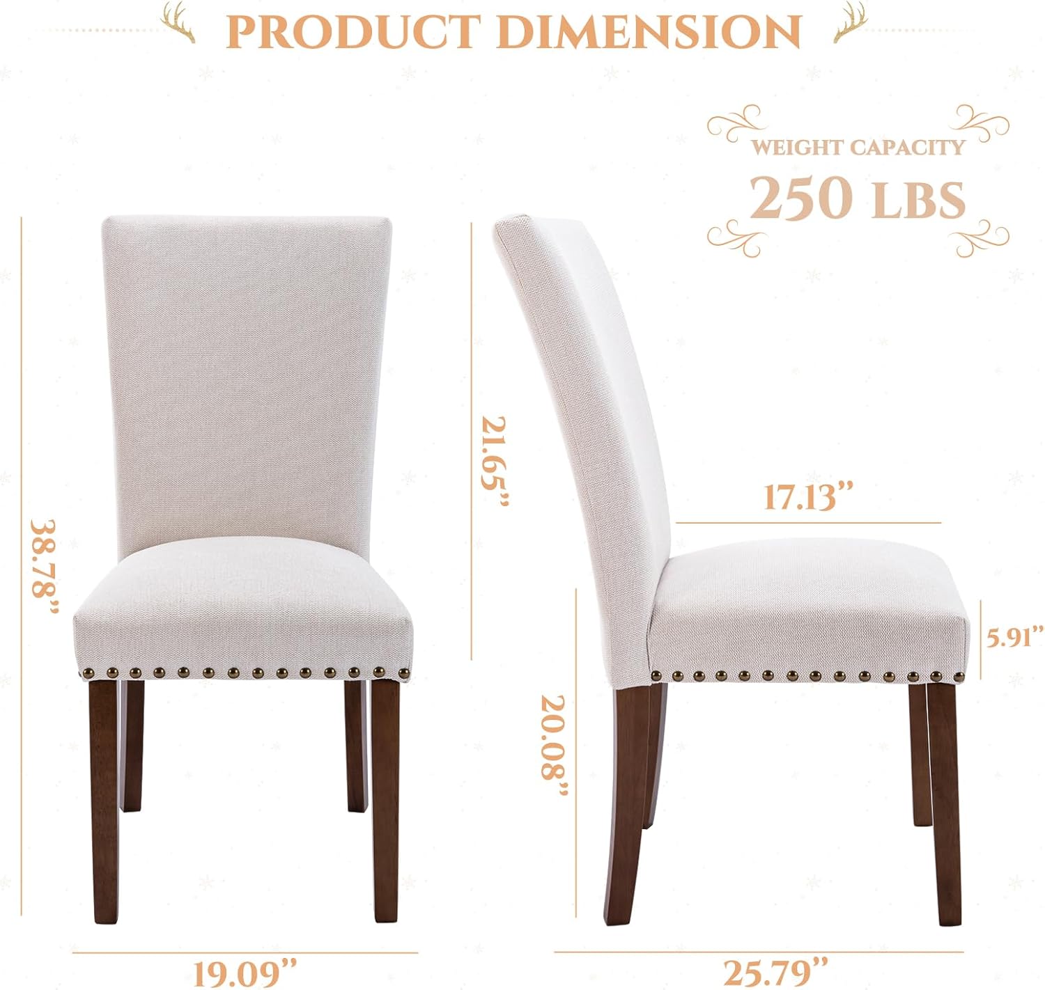Set of 4 Beige Upholstered Dining Chairs, Farmhouse Kitchen Chairs with High Back Support, Solid Rubberwood Legs, Comfortable Padded Seat, Bronze Nailhead Trim, Dining Room Chairs for Family Meals