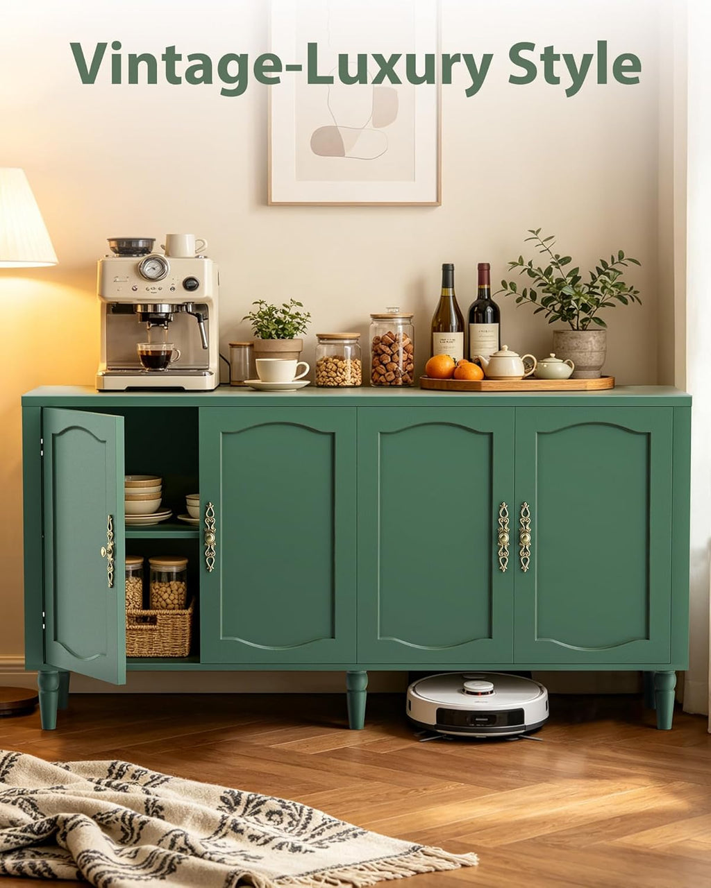 fineway 63" Sideboard Buffet Cabinet, Mid Century Modern Credenza Storage Cabinet with Carved Handle & Adjustable Shelves, Buffet Table Kitchen Coffee Bar for Living Room Dining Room - Green