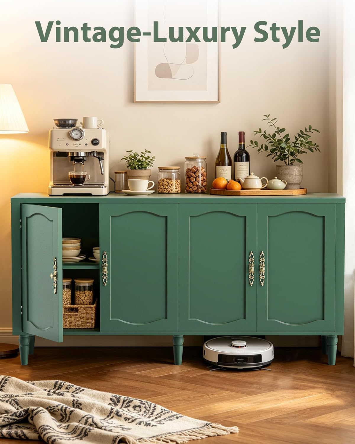 fineway 63" Sideboard Buffet Cabinet, Mid Century Modern Credenza Storage Cabinet with Carved Handle & Adjustable Shelves, Buffet Table Kitchen Coffee Bar for Living Room Dining Room - Green