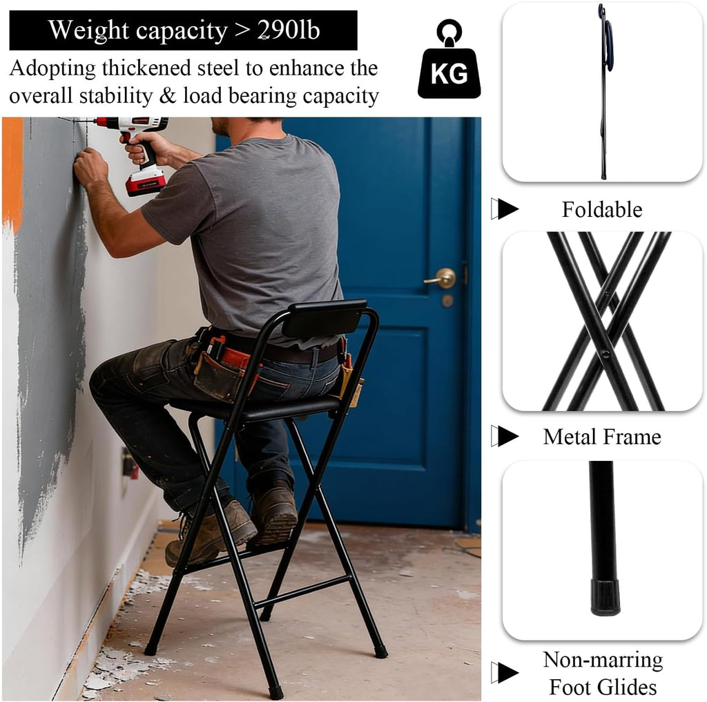 Folding Stool with Back,1Pcs Height for Kitchen Counter & Bar Table, Tall Foldable Stool Chair Portable Adult Seat Leather Padded Kitchen Shop Comfortable and Sturdy 29.5 Inch