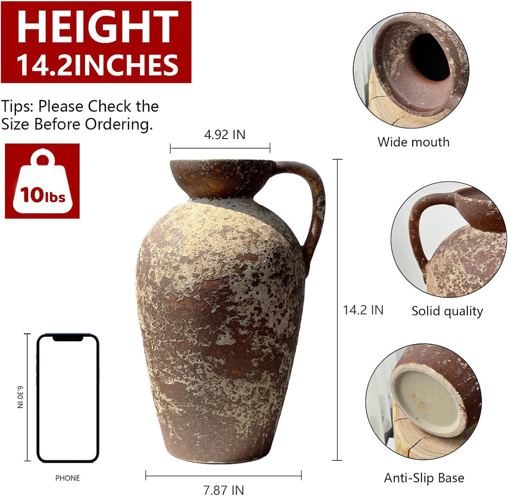 Brown Ceramic Rustic Farmhouse Vase Jug Pitcher with Handle, Distressed Antique Terracotta Pottery Flower Vase 14.2 Inch Handmade Large Floor Vintage Decorative for Home Living Room Decor