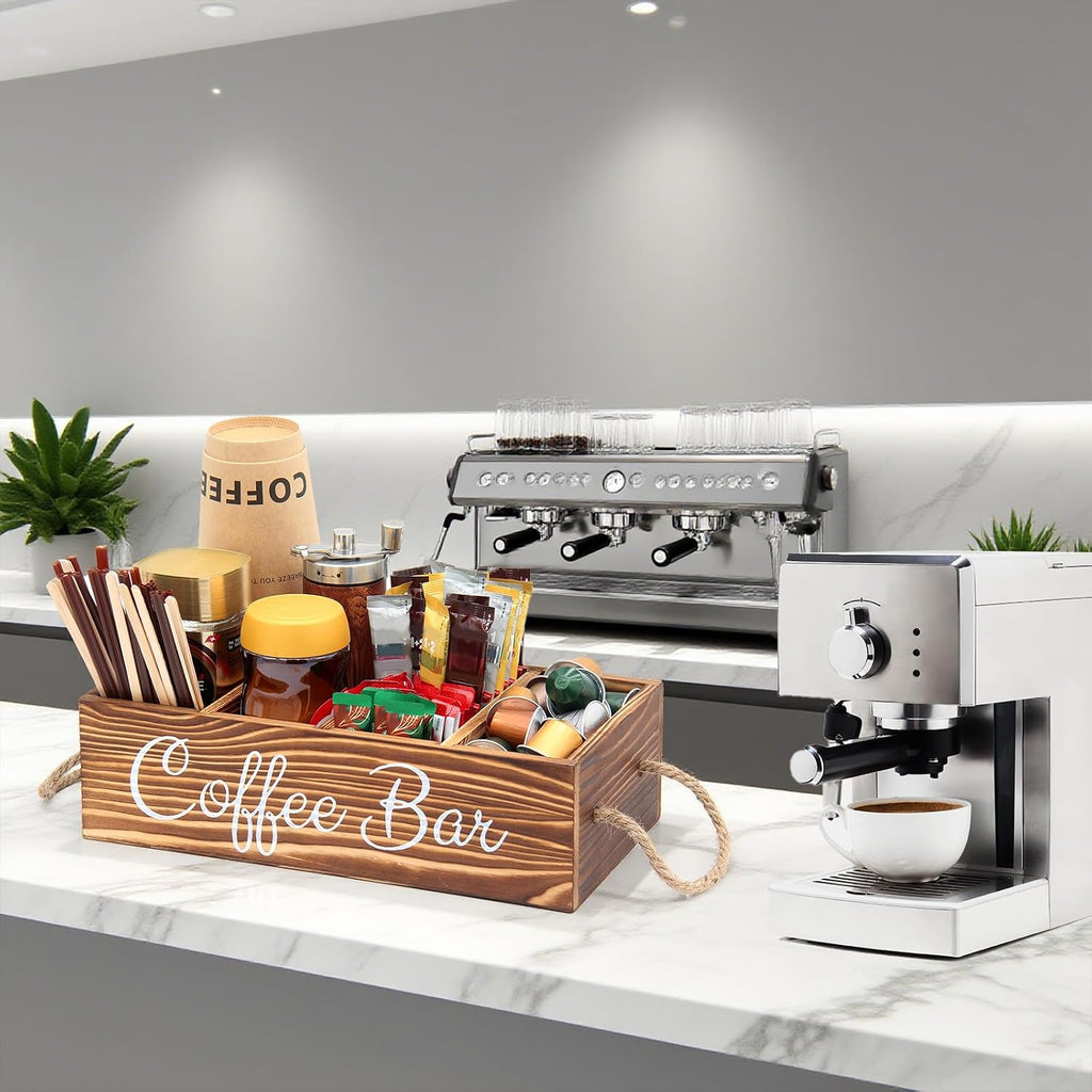 Bokelai Wooden Coffee Bar Organizer Countertop Coffee Station Accessories Storage Basket With Handle Removable Dividers Pods Kcup Holder Farmhouse Decor Caddy for Coffee and Tea Lover