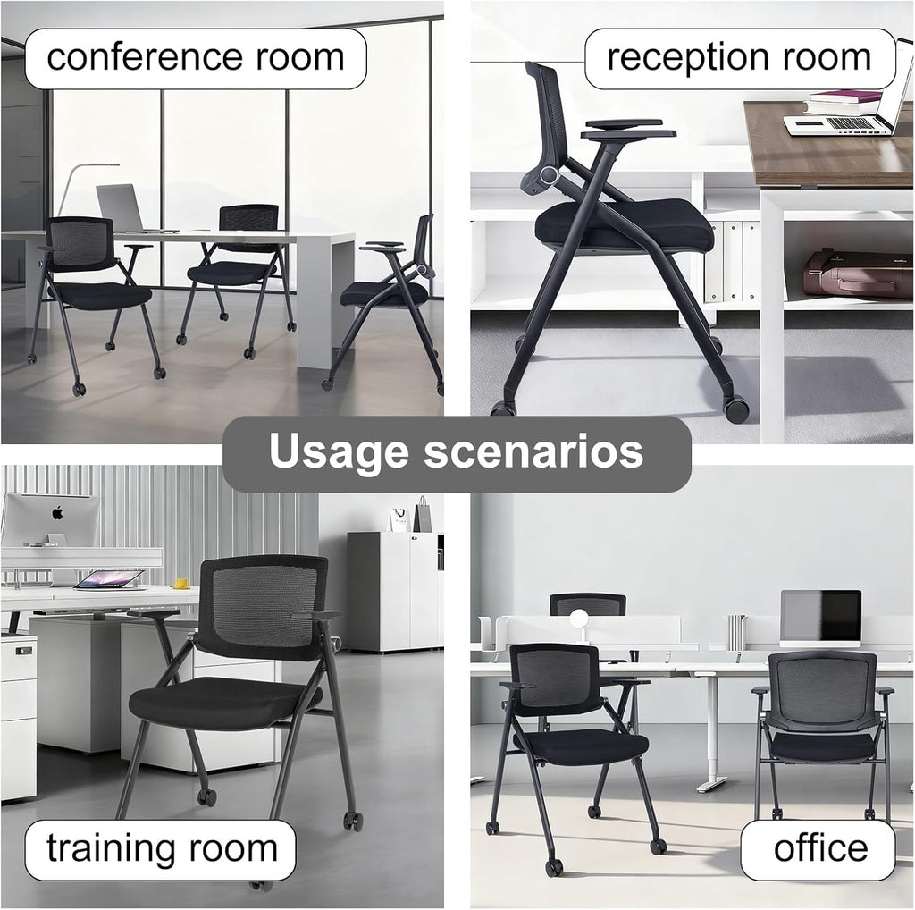 Upgraded Folding Chair with Wheels and Padded, Ergonomic Mesh Back and Arms for Office, Meetings, Conferences, Receptions, Training Rooms & Folding Office Chairs