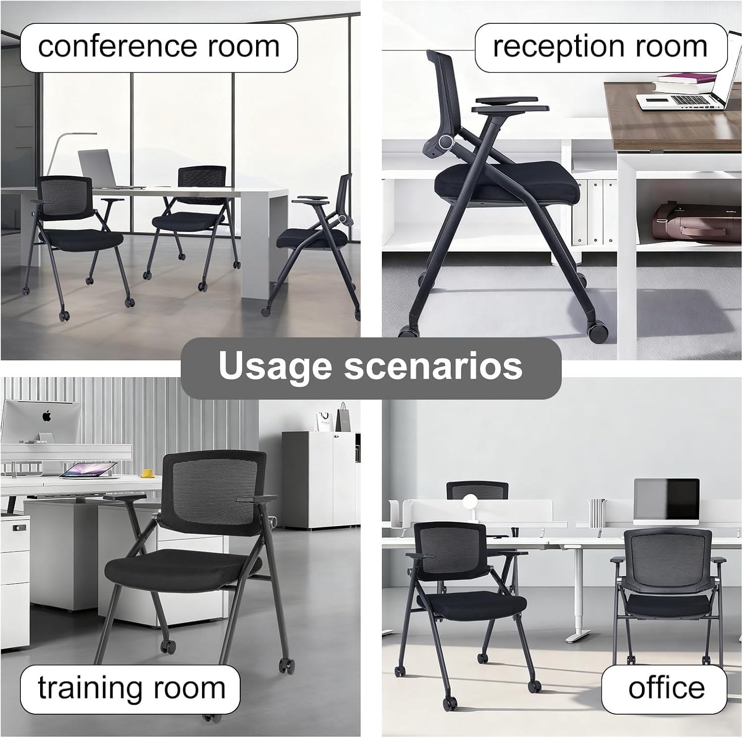 Upgraded Folding Chair with Wheels and Padded, Ergonomic Mesh Back and Arms for Office, Meetings, Conferences, Receptions, Training Rooms & Folding Office Chairs