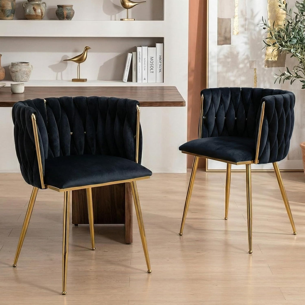 Modern Hand Weaving Dining Chairs Set of 2, Velvet Upholstered Dining Room Chairs with Gold Legs, Elegant Side Chair with Curved Backrest, Accent Chair for Dining Room, Kitchen (Black)