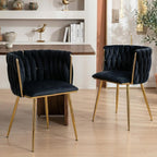 Modern Hand Weaving Dining Chairs Set of 2, Velvet Upholstered Dining Room Chairs with Gold Legs, Elegant Side Chair with Curved Backrest, Accent Chair for Dining Room, Kitchen (Black)