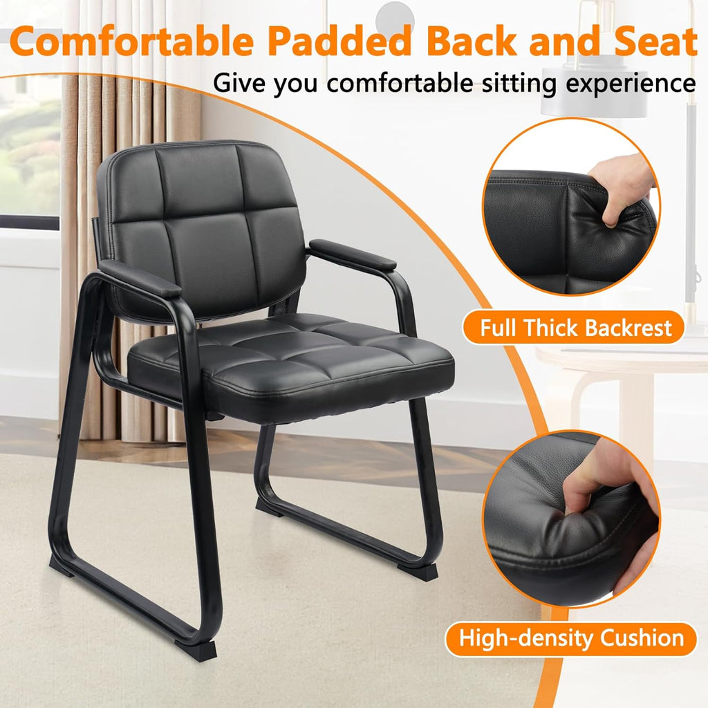 CLATINA Reception Chairs Set of 4, Leather Guest Chairs with Padded Arms and Sled Base, Waiting Room Chair No Wheels, Computer Desk Chair for Office, Home, Break Conference Meeting Room, School, Black